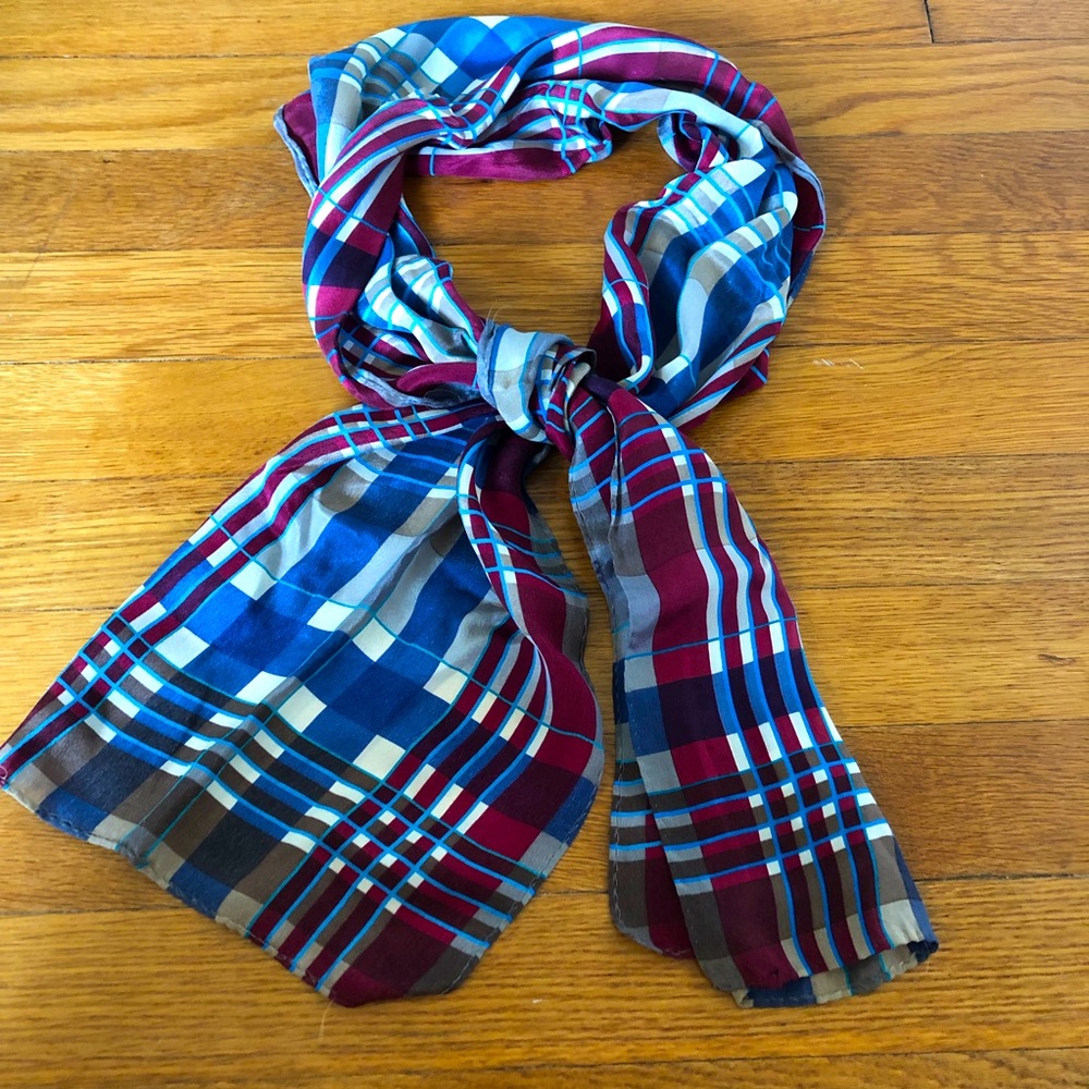 Liz Claiborne Vintage Plaid Rectangle Scarf Burgundy Blue Tan Cream